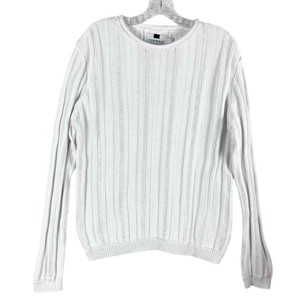 Nwot TOPMAN Sweater men S White Ribbed Loose-Chunky-Knit Long-Sl Cotton 100%